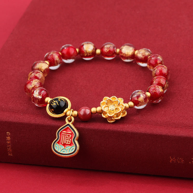Pulsera de la suerte con cuentas de vidrio de loto y liuli con abalorios de calabaza del Tíbet con el símbolo Om Mani Padme Hum Fu de Buda