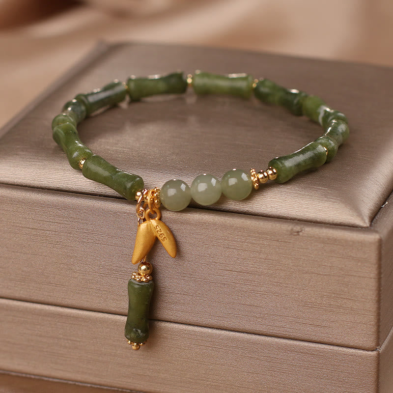 Buddha Stones Armband mit grünem Bambus-Jadeblatt-Muster, Reichtum und Glück