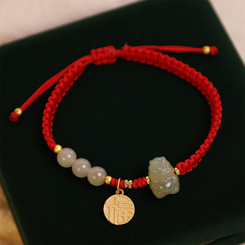 Buddha Stones Year of the Dragon 925 Sterling Silver Hetian Jade Fu Character Luck Bracelet