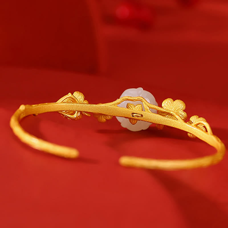 Buddha Stones 925 Sterling Silver Plated Gold Hetian Jade Plum Blossom Luck Necklace Pendant Bracelet Bangle Ring