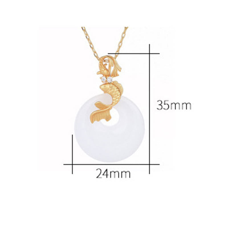 Buddha Stones Halskette mit Anhänger aus weißer Jade mit Koi-Fisch