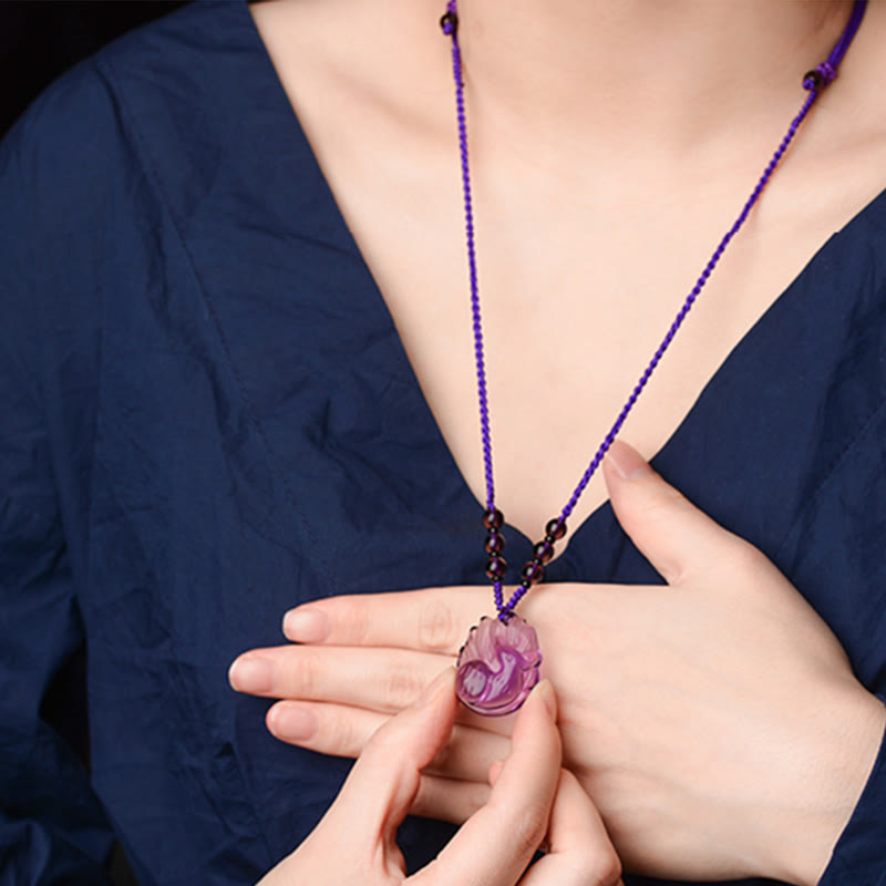 Buddha Stones Natürlicher Amethyst Weißer Kristall Citrin Neunschwänziger Fuchs Glück Halskette Anhänger
