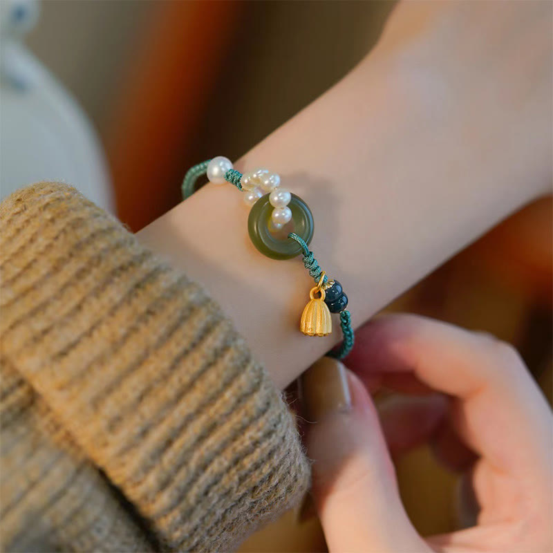 Buddha Stones Natürliche Hetian Jade Peace Buckle Pearl Luck Handgefertigtes geflochtenes Armband
