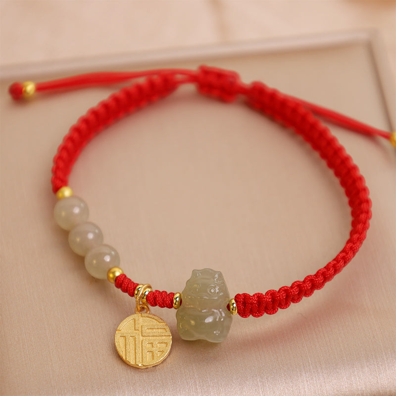 Buddha Stones Year of the Dragon 925 Sterling Silver Hetian Jade Fu Character Luck Bracelet