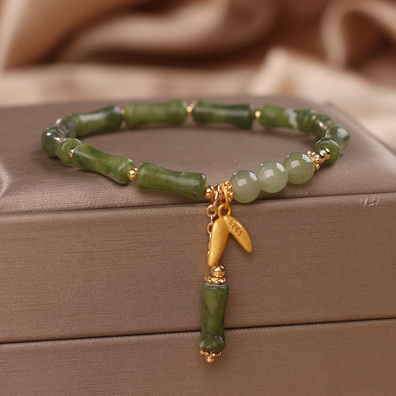 Buddha Stones Armband mit grünem Bambus-Jadeblatt-Muster, Reichtum und Glück