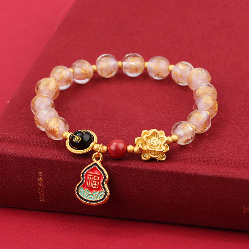 Pulsera de la suerte con cuentas de vidrio de loto y liuli con abalorios de calabaza del Tíbet con el símbolo Om Mani Padme Hum Fu de Buda