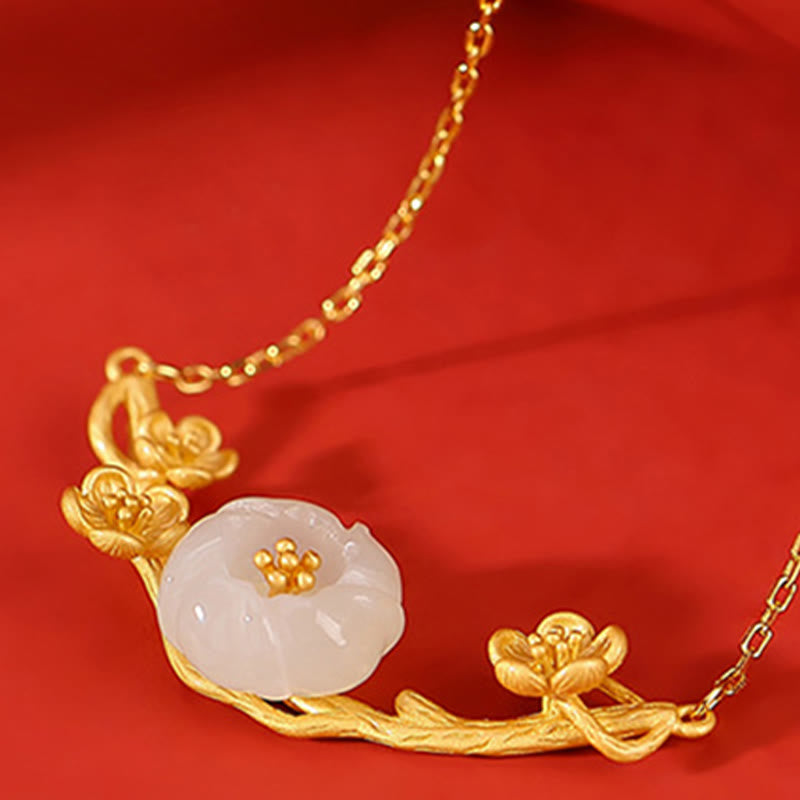 Buddha Stones 925 Sterling Silver Plated Gold Hetian Jade Plum Blossom Luck Necklace Pendant Bracelet Bangle Ring