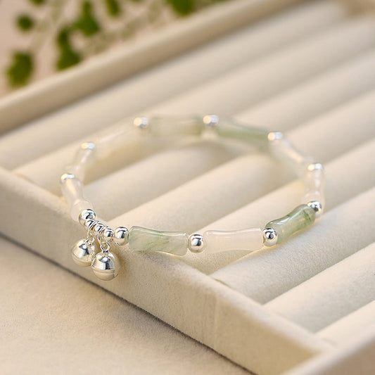 Pulsera de plata de ley 925 con piedras de Buda y jade blanco natural, con abalorio de campana de bambú, para la suerte y la felicidad.