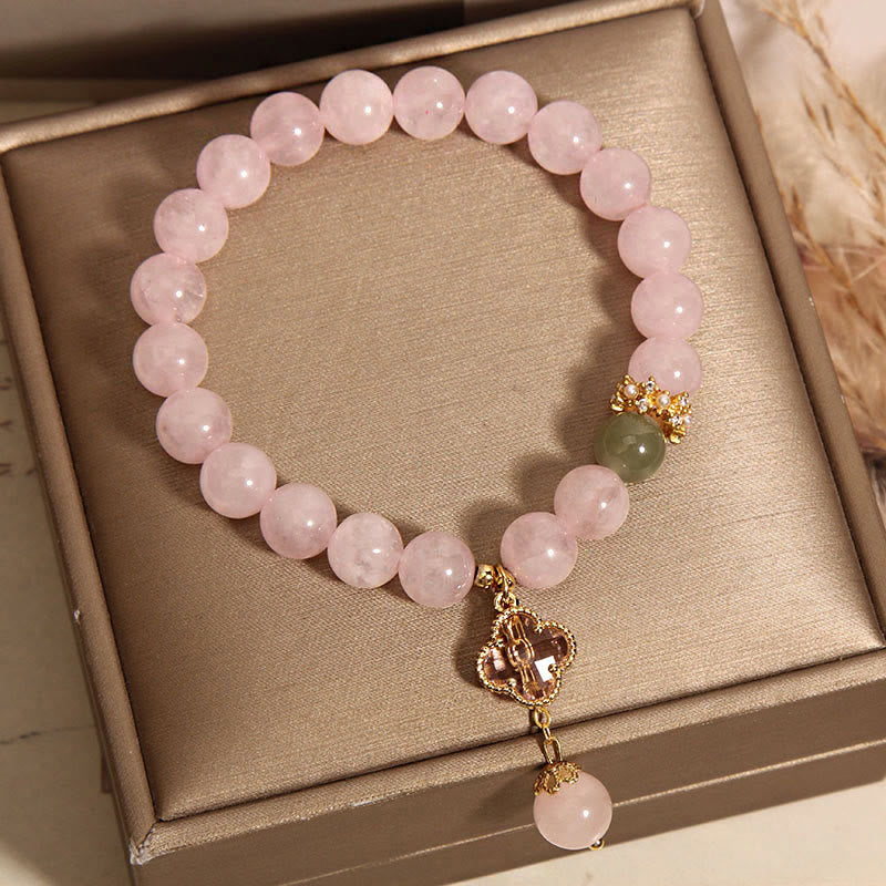 Pulsera relajante de trébol de cuatro hojas de cristal rosa natural de Buddha Stones