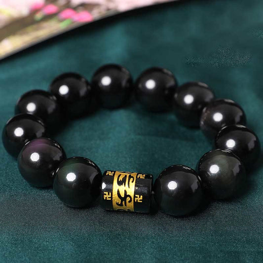 Pulsera positiva con esvástica Om Mani Padme Hum, obsidiana arcoíris y piedras de Buda