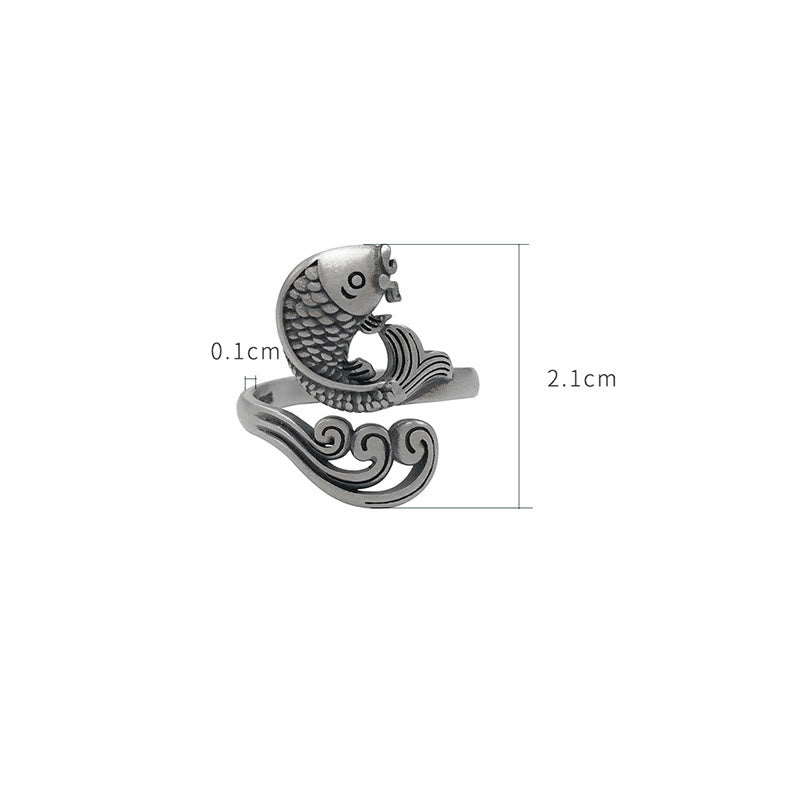 Anillo de plata de ley 925 con piedras de Buda y pez koi, con ondas de agua, para la suerte y la riqueza.