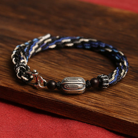 Buddha Stones 925 Sterling Silver Koi Fish Wealth Reincarnation Knot Braid String Bracelet