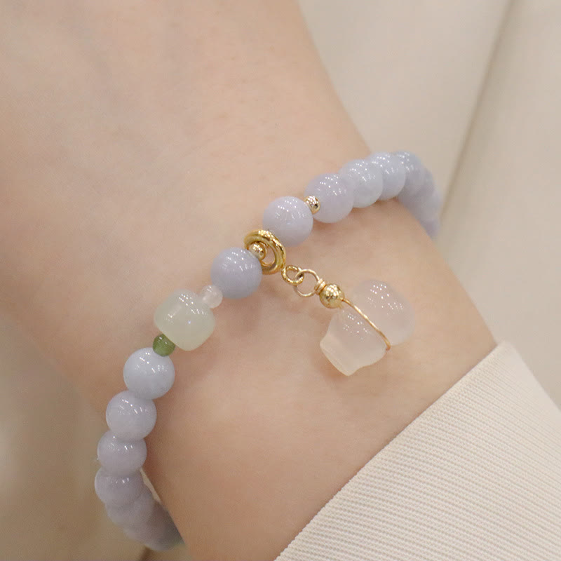 Pulsera con dije de gato, calabaza, conejo y calcedonia natural de aguamarina y piedras de Buda