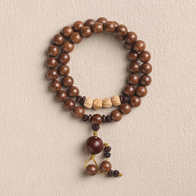 Pulsera de doble vuelta con semillas de Bodhi y sándalo rojo de hoja pequeña con piedras de Buda y sándalo