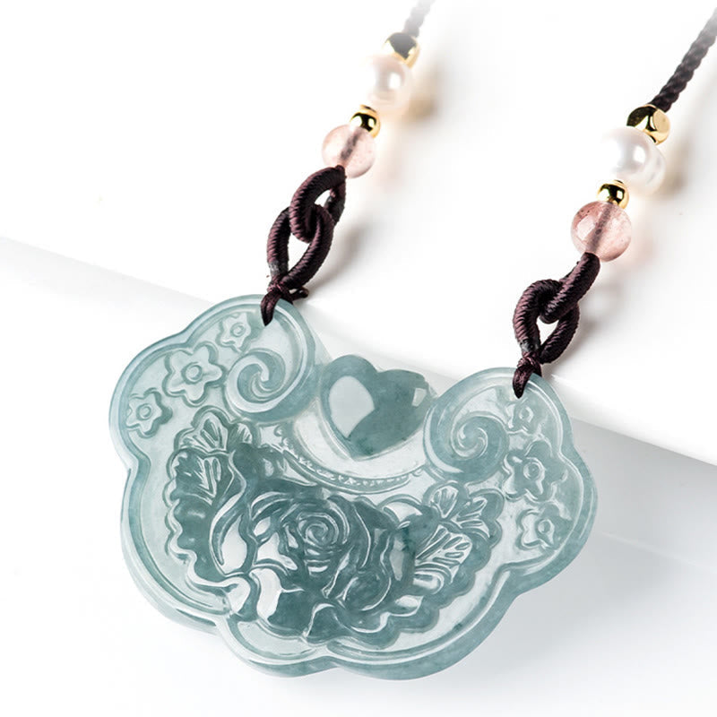 Collar con colgante de flor de peonía de jade natural y piedras de Buda con candado de buenos deseos y prosperidad