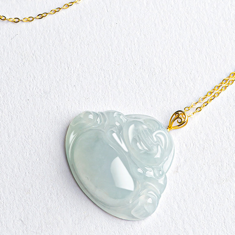 Collar con colgante de Buda sonriente de jade natural y oro de 18 quilates.