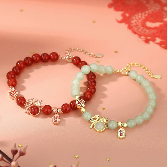 Pulsera de calabaza de la suerte con piedras de Buda en plata de ley 925 y ágata roja natural del año del dragón, jade hetiano y personaje Fu