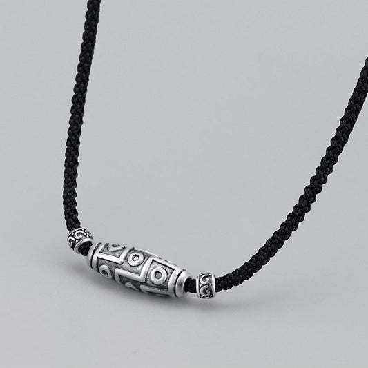 Collar con colgante de cuerda protectora con diseño de cuentas Dzi de nueve ojos en plata de ley 999 y piedras de Buda