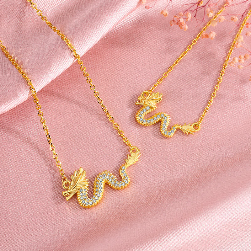 Collar con colgante de cadena de la suerte con piedras de Buda en plata de ley 925, con el Año del Dragón, un dragón dorado auspicioso.