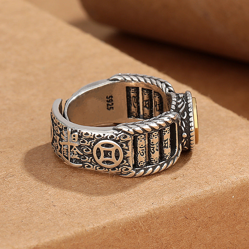 Anillo giratorio de pureza con diseño de moneda de cobre tallada con piedras de Buda tibetanas Om Mani Padme Hum