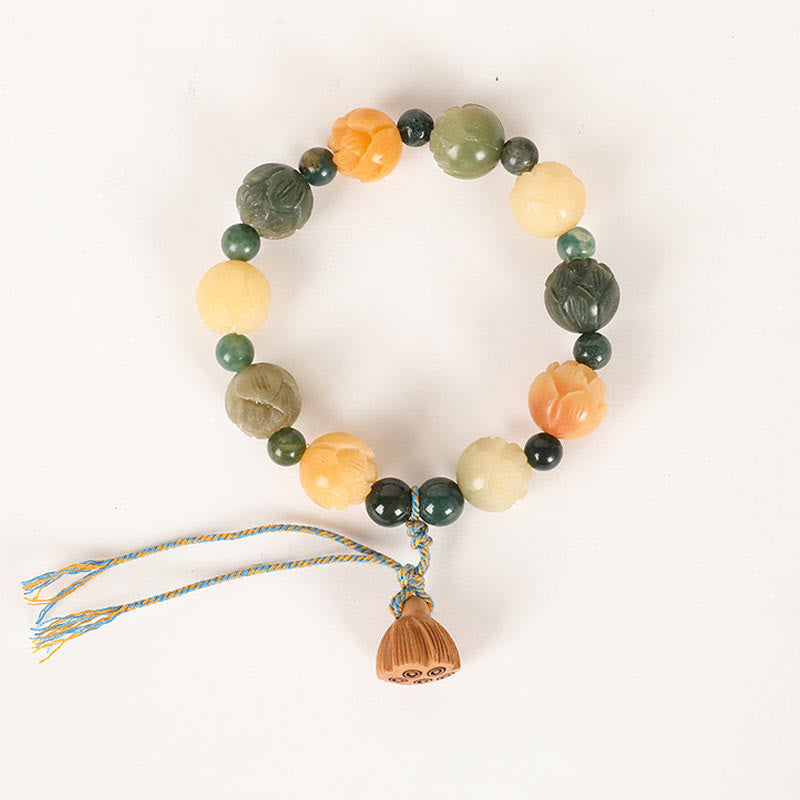 Armband mit Buddha-Steinen, Bodhi-Samen, Lotus-Perle, eingraviert, Moosachat, Frieden, Ruhe