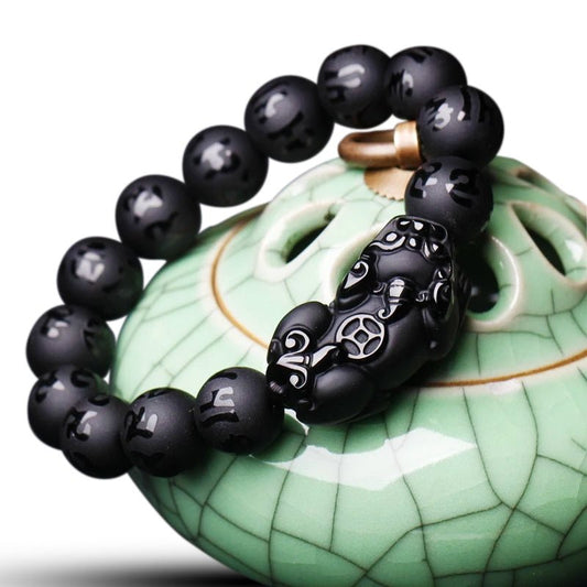 6 Words Pixiu Wealth Mantra Obsidian Bracelet