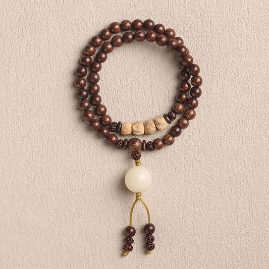 Pulsera de doble vuelta con semillas de Bodhi y sándalo rojo de hoja pequeña con piedras de Buda y sándalo