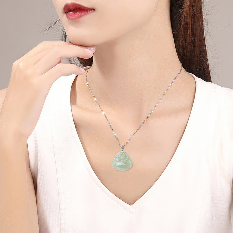 Collar con colgante de Buda sonriente de jade natural en plata de ley 925 con piedras de Buda, cadena de prosperidad y abundancia.