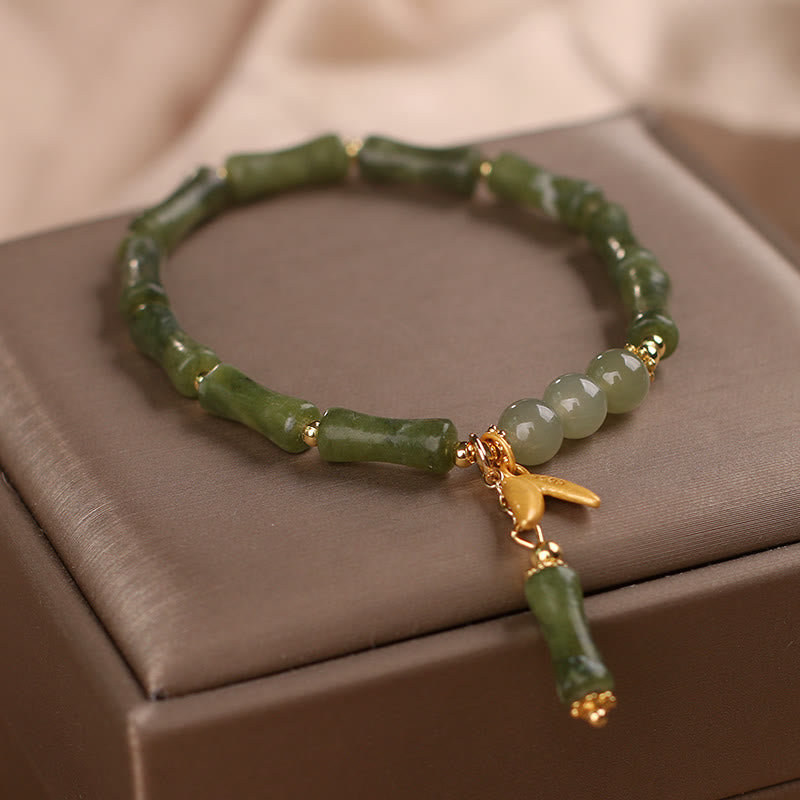 Buddha Stones Armband mit grünem Bambus-Jadeblatt-Muster, Reichtum und Glück
