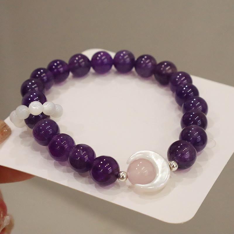 Pulsera de plata de ley 925 con amatista natural, aguamarina y cristal rosa, ojo de gato y luna creciente curativa.