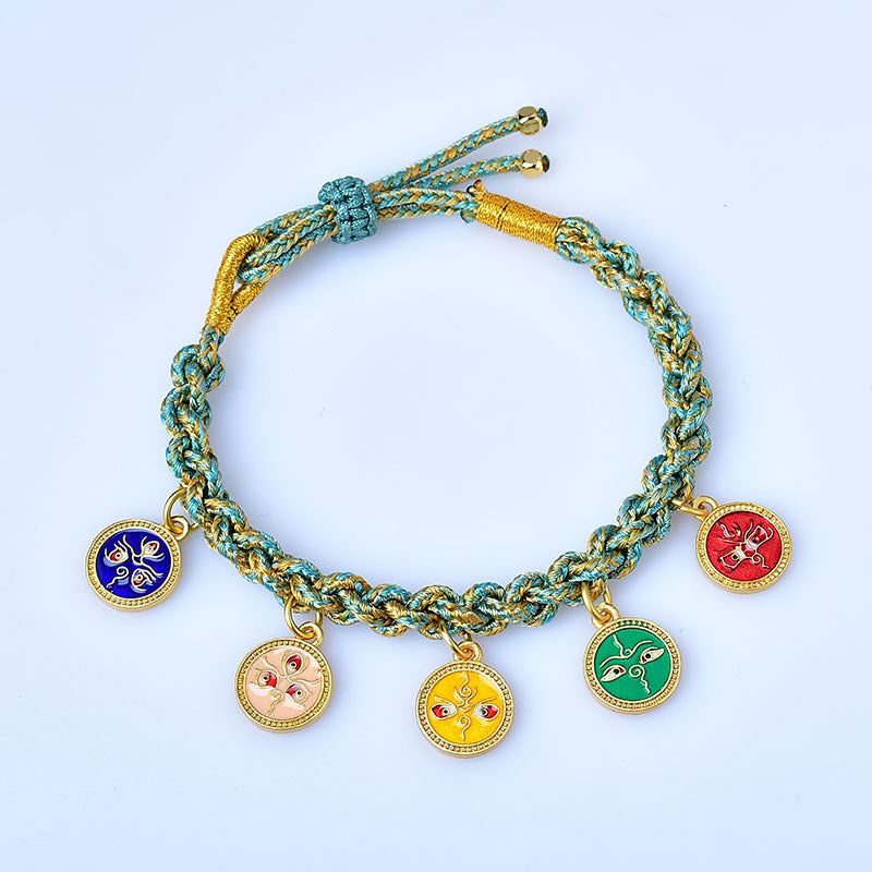 Pulsera trenzada tibetana multicolor hecha a mano con piedras de Buda, con los cinco dioses de la riqueza y la suerte.