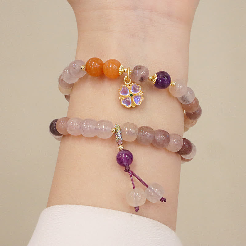 Pulsera de cuentas de Buda con cuentas de jade, seda dorada y morada natural, con flor violeta y dije de riqueza