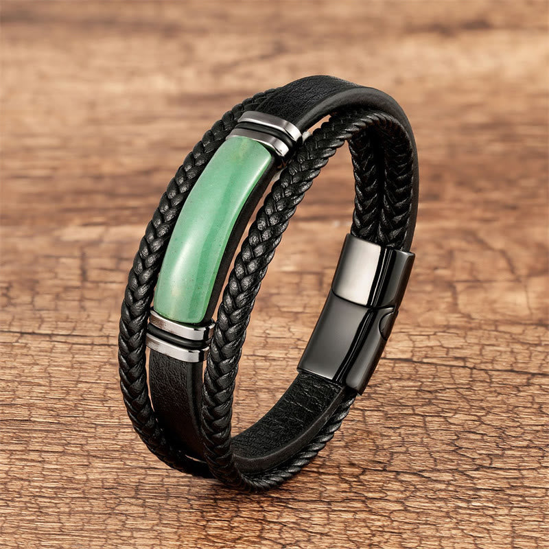 Pulsera de cuero trenzado multicapa con piedra natural de ágata verde y piedras de Buda