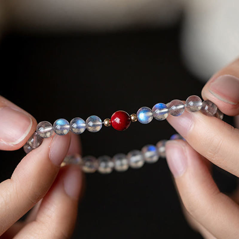 Pulsera de piedras de Buda con piedra lunar, cristal rosa y cinabrio, con propiedades curativas positivas