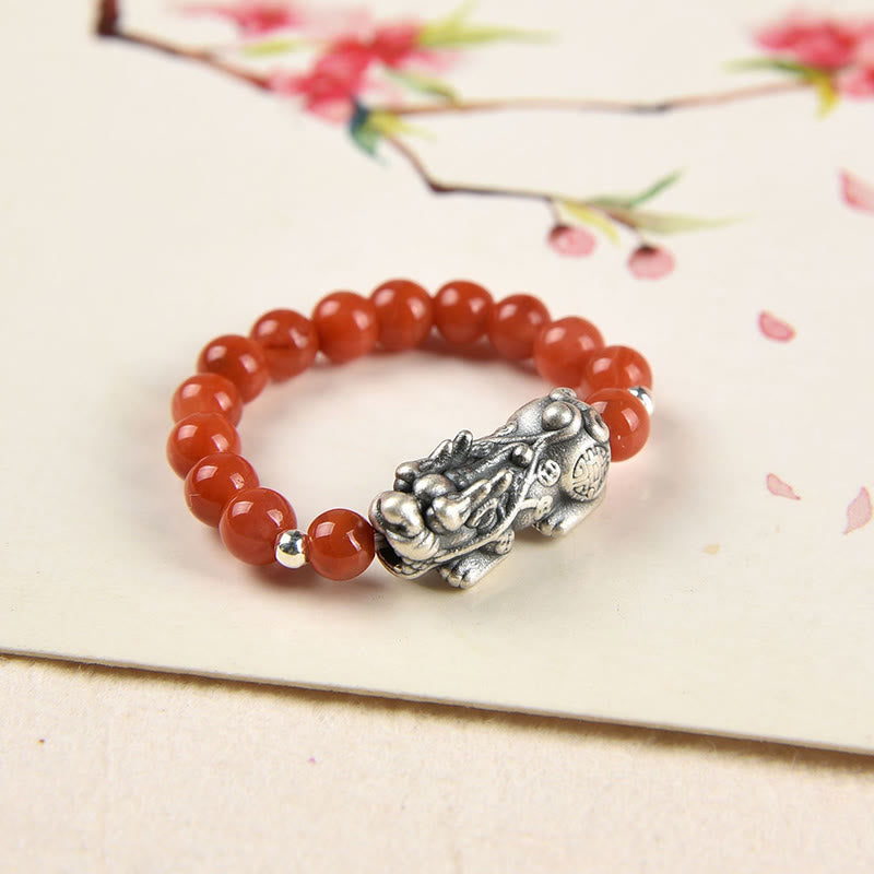 Anillo de la riqueza PiXiu con piedras de Buda en plata de ley 925, granate natural, piedra lunar, ágata roja