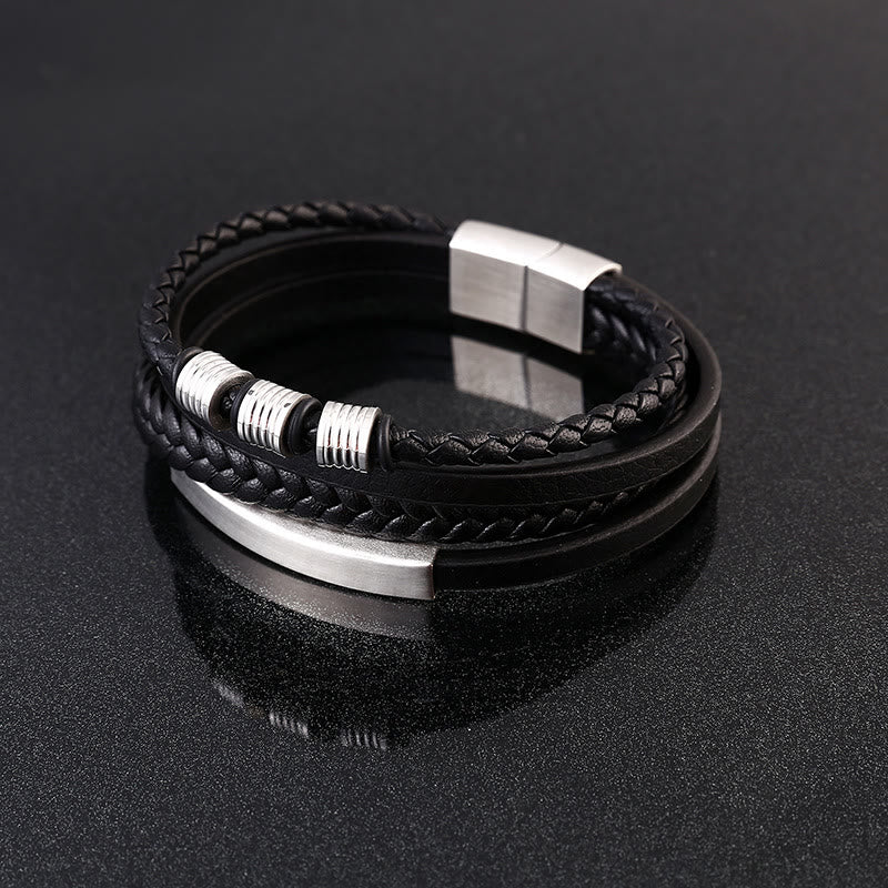 Pulsera trenzada multicapa de cuero y acero de titanio con hebilla magnética y piedras de Buda