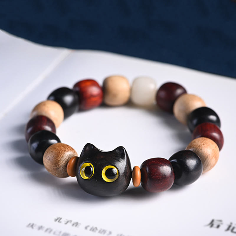 Pulsera de protección con piedras de Buda, hoja pequeña, sándalo rojo, madera de ébano y gato grabado