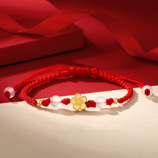 Pulsera de cuerda roja con cuentas de calcedonia, flor de melocotón, cerezo, sakura y piedras de Buda, hecha a mano en plata de ley 925.