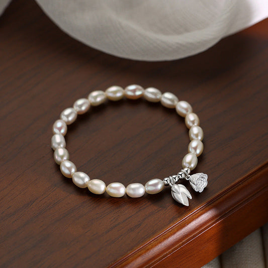 Pulsera curativa de perlas naturales con forma de vaina de flor de loto de plata de ley 999 de Buddha Stones