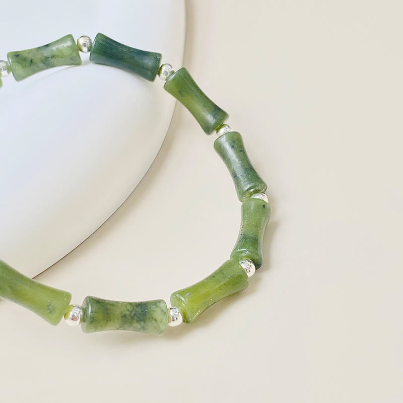 Pulsera de plata de ley 925 con piedras de Buda, jade de bambú y gato de la suerte con el símbolo Fu.