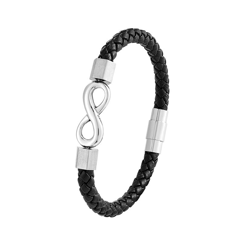 Pulsera de equilibrio con nudo infinito de piedras de Buda, acero de titanio y cuero trenzado.