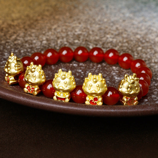 Pulsera de protección con símbolo Fu de ágata roja natural y moneda de cobre del Año del Dragón con piedras de Buda