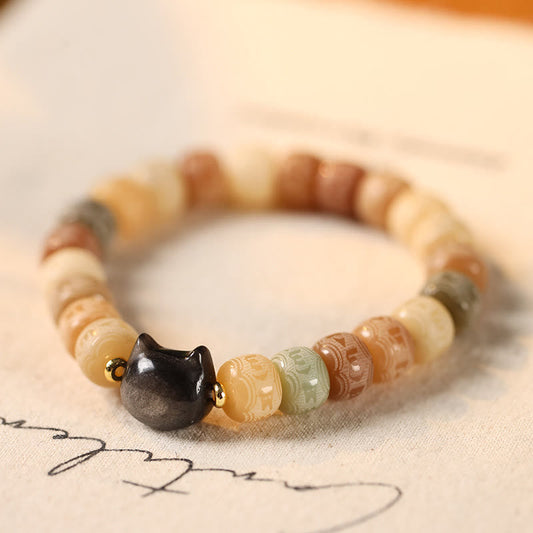 Pulsera de armonía con piedras de Buda, semilla de Bodhi, obsidiana plateada con brillo, cabeza de gato y grabado Om Mani Padme Hum