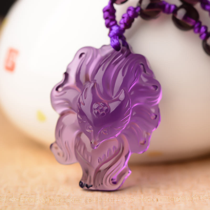 Buddha Stones Natürlicher Amethyst Weißer Kristall Citrin Neunschwänziger Fuchs Glück Halskette Anhänger