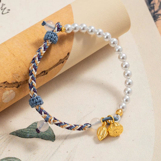 Pulsera de la prosperidad con piedras de Buda, plata de ley 925, perla de loto, cuerda colorida y calcedonia