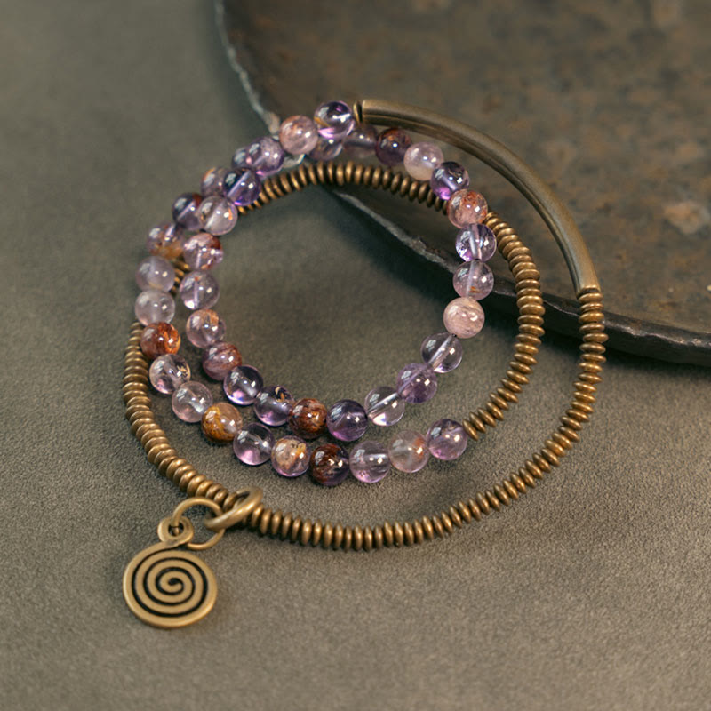 Pulsera de cobre con piedras de Buda, cuarzo hematoide rojo fantasma morado y cuarzo rutilado verde, amor y perdón