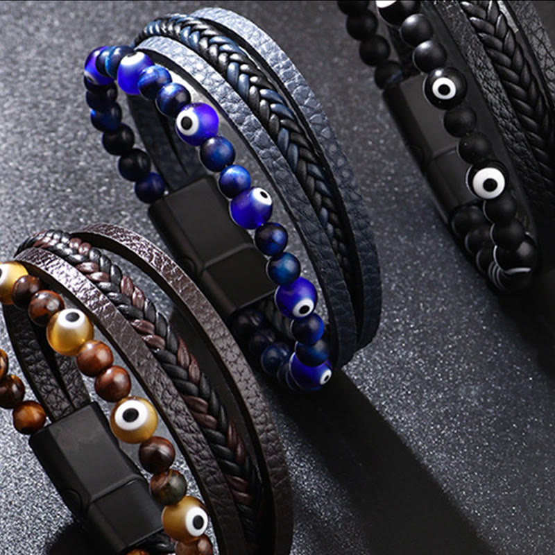 Pulsera trenzada multicapa con cuentas y protección de ojo de tigre y piedras de Buda