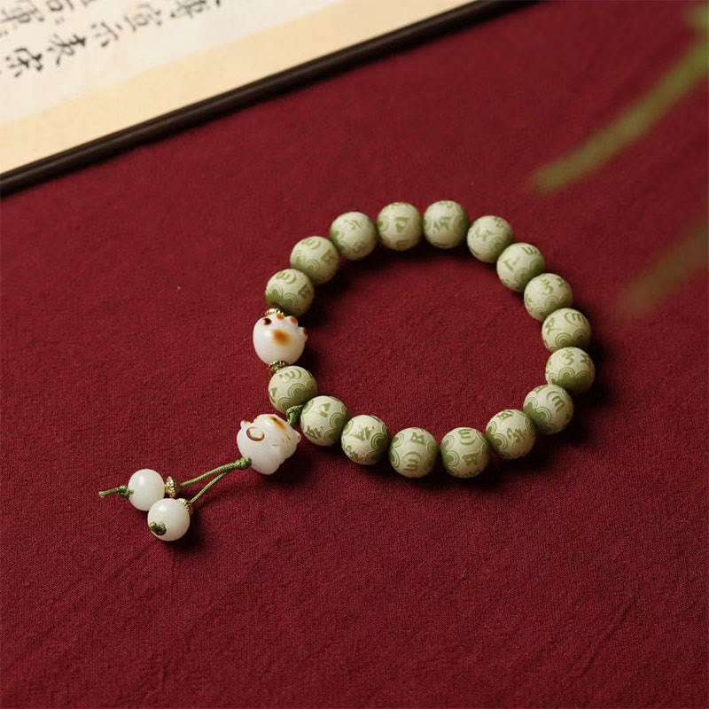Buddha Stones Green Bodhi Seed Cat Paw Om Mani Padme Hum Engraved Wisdom Bracelet