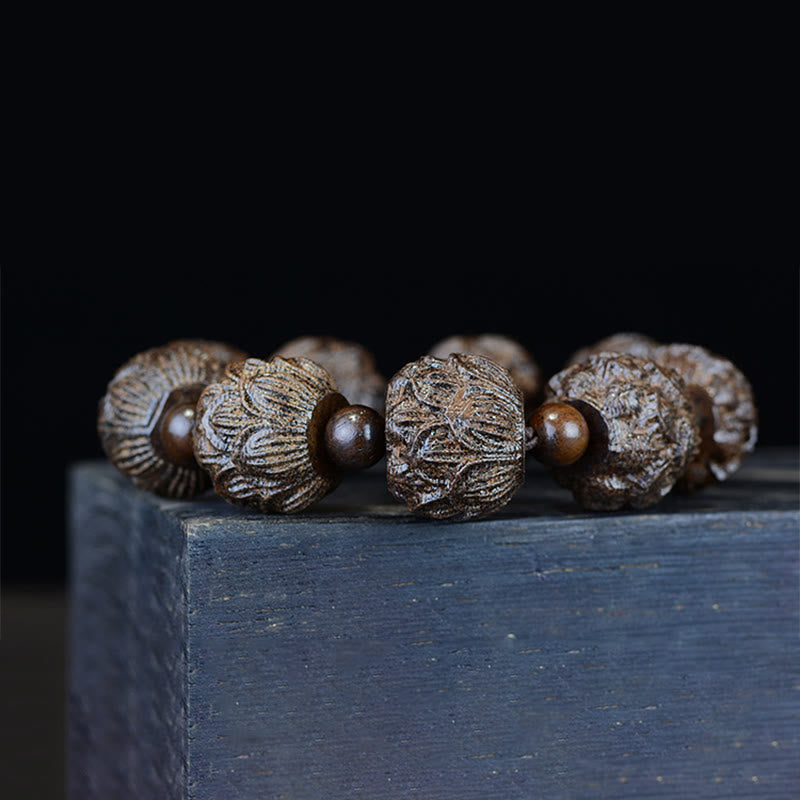 Pulsera de equilibrio con grabado de dragón de loto y dieciocho arhats de madera de ébano y piedras de Buda