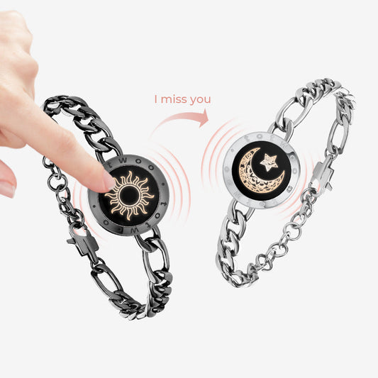 Sun&Moon Touch Bracelets with Figaro Chain (Black+Silver) - Touch Bling